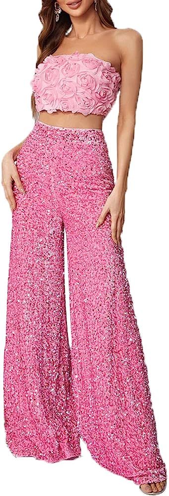 2 Piece Set 3D Flower Strapless Crop Tube Top Prom Tops High Waist Sequin Flare Leg Pants Loose T... | Amazon (US)