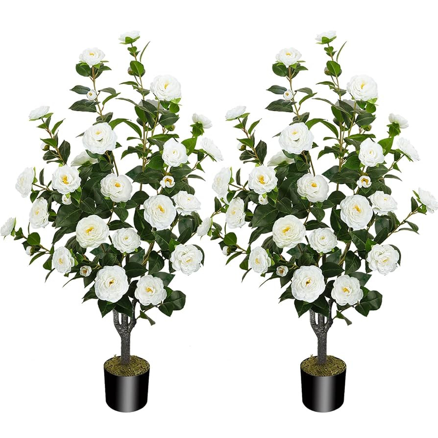 2 Pack 43.3"/3.6FT Artificial Camellia Tree Fake Outdoor Tree with 32 Blooming Flowers White Tree... | Amazon (US)