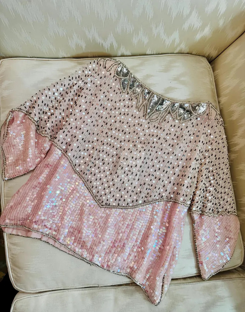 1970s Saks Fifth Avenue Pink + Silver Art Deco Sequin Top | Etsy (Global)
