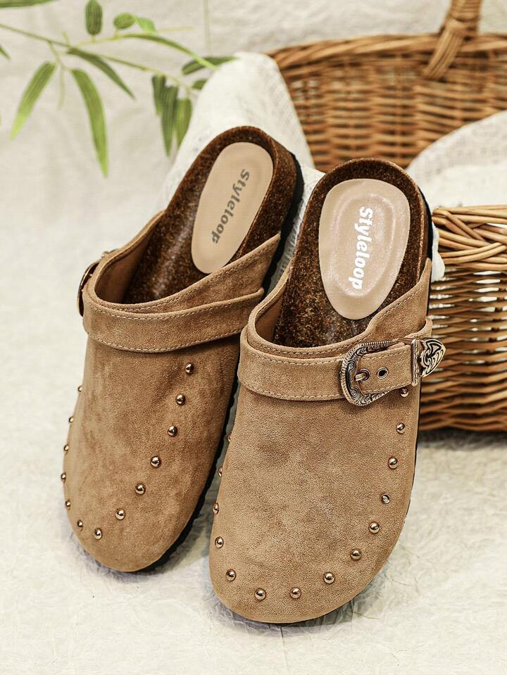 Styleloop Women's Solid Color Slip-On Flats Summer Casual Fashion Non-Slip Loafers With Punk Rive... | SHEIN