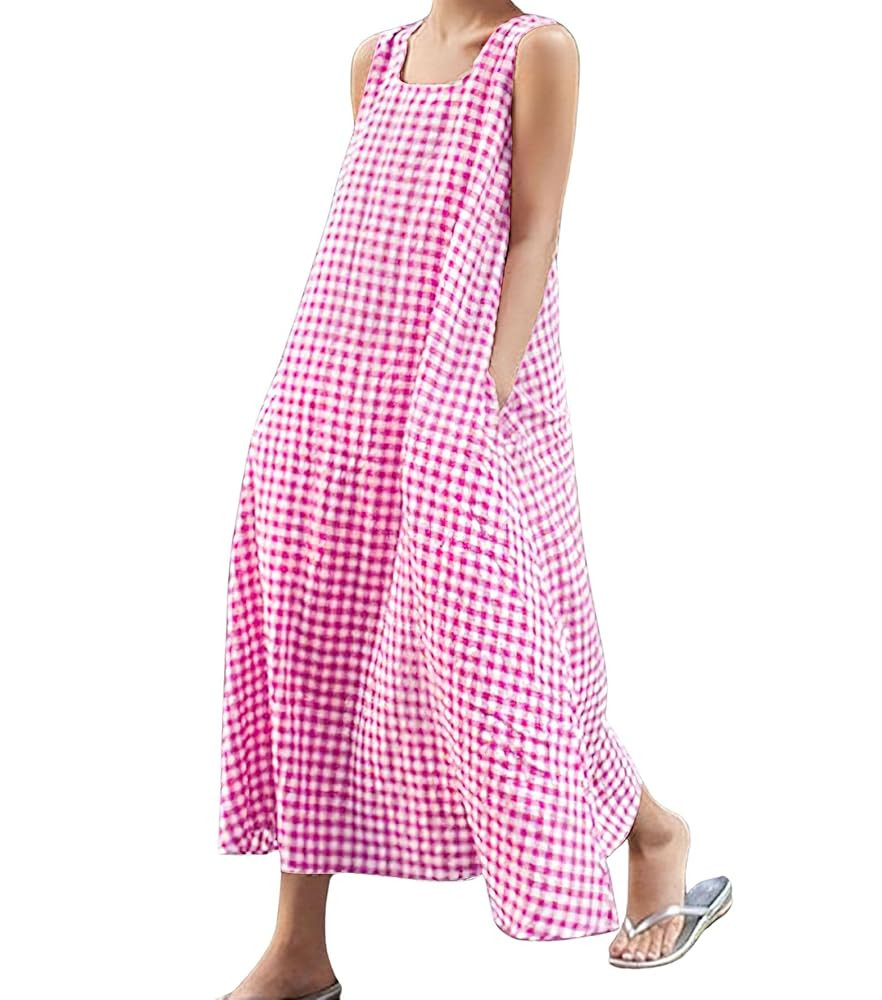 chouyatou Women's Summer Casual Loose-Fit Cotton Plaid Tank Maxi Dress with Pockets Boho Beach Su... | Amazon (US)