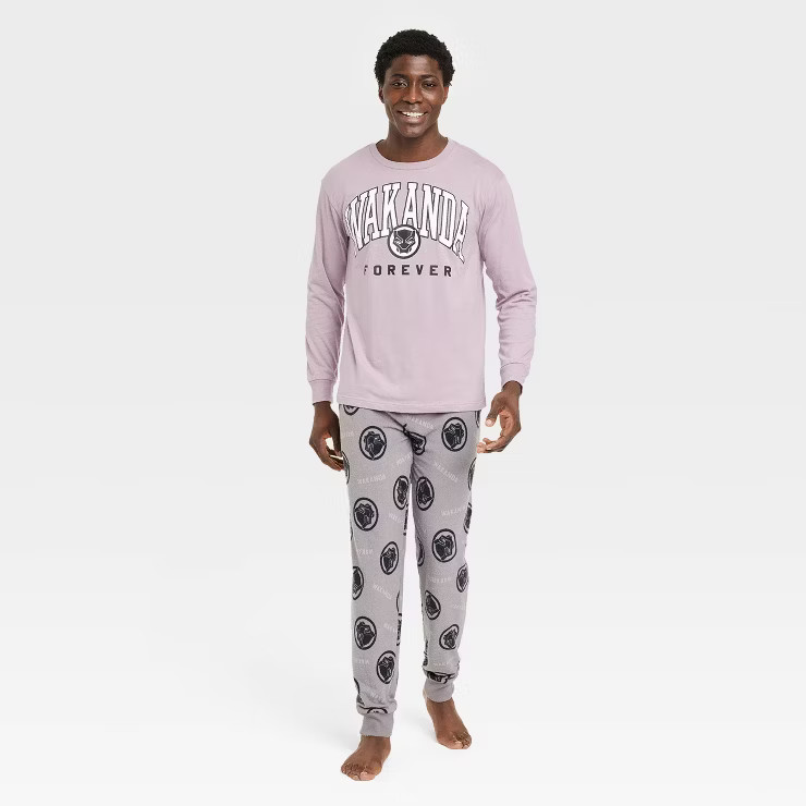 Men's Marvel Wakanda Forever Long Sleeve Sweater Knit Pajama Set - Light Purple/Gray | Target