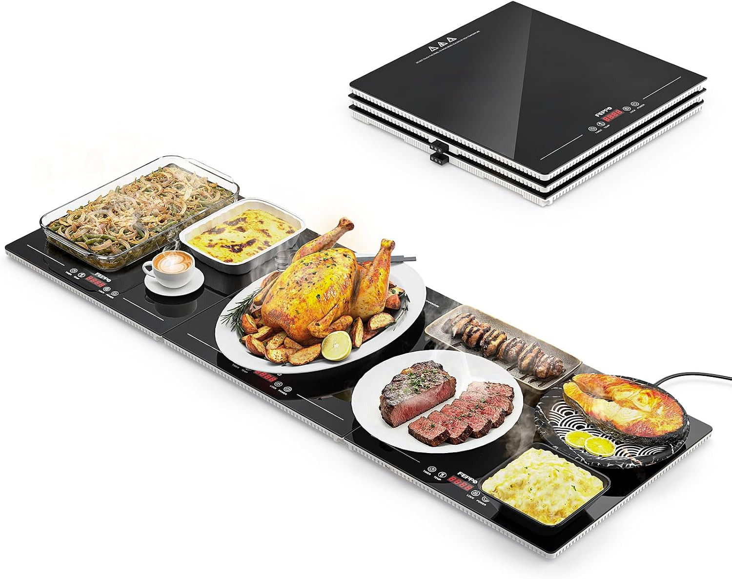 FEPPO Warming Trays for Buffets Party, Extra-Long 47"x15" 3-in-1 Modular Food Warmer with Independent Temp & Timer Control, Glass Food Warming Mat, Ideal for Catering & Gatherings | Amazon (US)