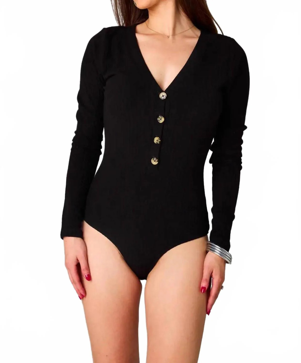 Harper Long Sleeve Button Up Bodysuit In Black | Shop Simon