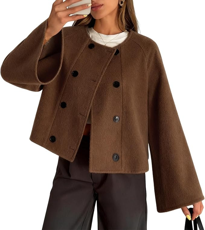 utcoco Women's Cropped Wool Coats Double Breasted Pea Coat Casual Short Jacket with Pocket | Amazon (US)