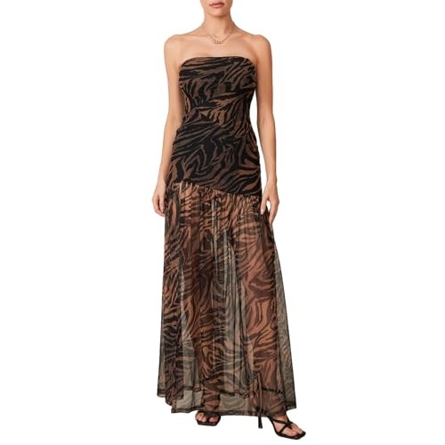 Womens Mesh Strapless Dress Sexy Leopard Floral High Slit Backless Tube Top Maxi Dress Party Club Night Long Dress (Leopard Brown, L) | Amazon (US)