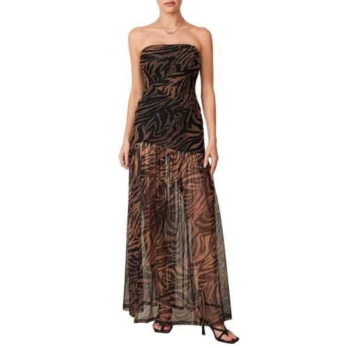 Womens Mesh Strapless Dress Sexy Leopard Floral High Slit Backless Tube Top Maxi Dress Party Club Night Long Dress (Leopard Brown, L) | Amazon (US)