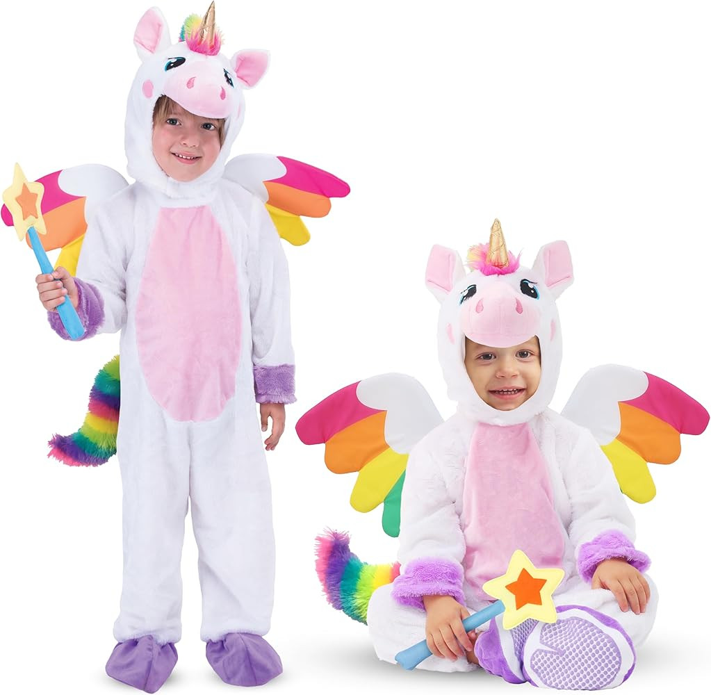 Unicorn Costume, Jumpsuit with Wings and Star Wand for Kids Halloween Dress Up Party | Amazon (US)
