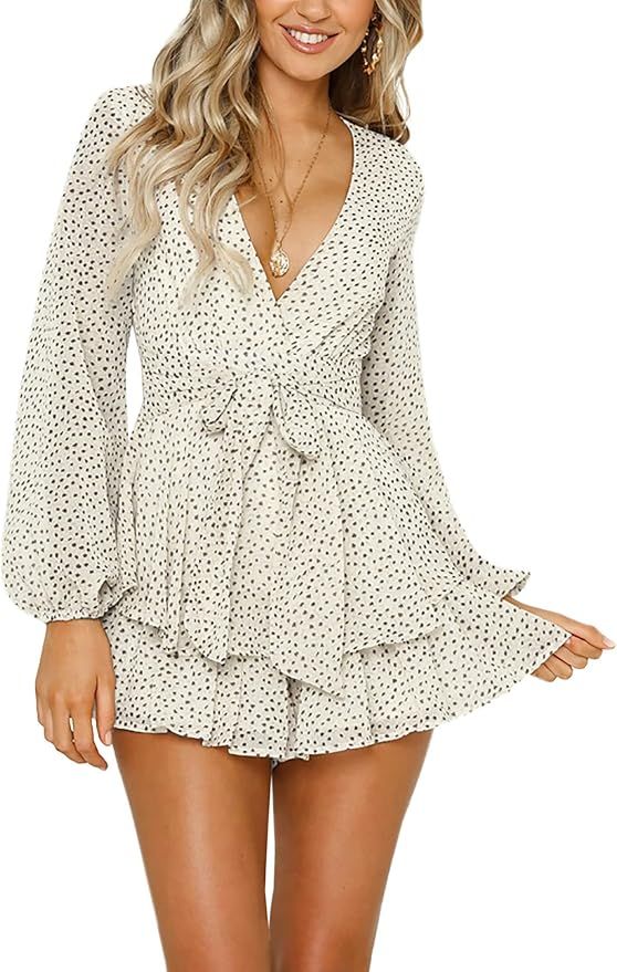 AIMCOO Women's Long Bubble Sleeve Polka Dot Romper Floral Print V-Neck Jumpsuit Layer Ruffle Hem ... | Amazon (US)