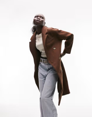 Topshop Petite double breasted coat in chocolate | ASOS (Global)