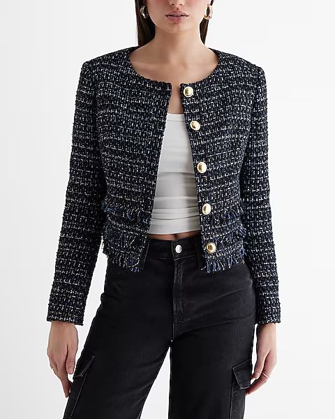 Tweed Fringe Novelty Button Jacket | Express