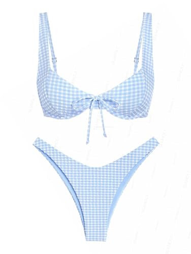 seamoly Women's Powder Blue Gingham Bowknot Cinched Back Balconette Cheeky Underwire Bikini Set – Lined Padded Adjustable Straps Swimwear Powder Blue XS | Amazon (US)
