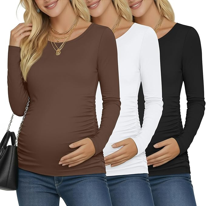 Ficerd 3 Pack Women's Maternity Shirts, Long Sleeve Side Ruched Pregnancy Tee Tops Crew Neck Casu... | Amazon (US)