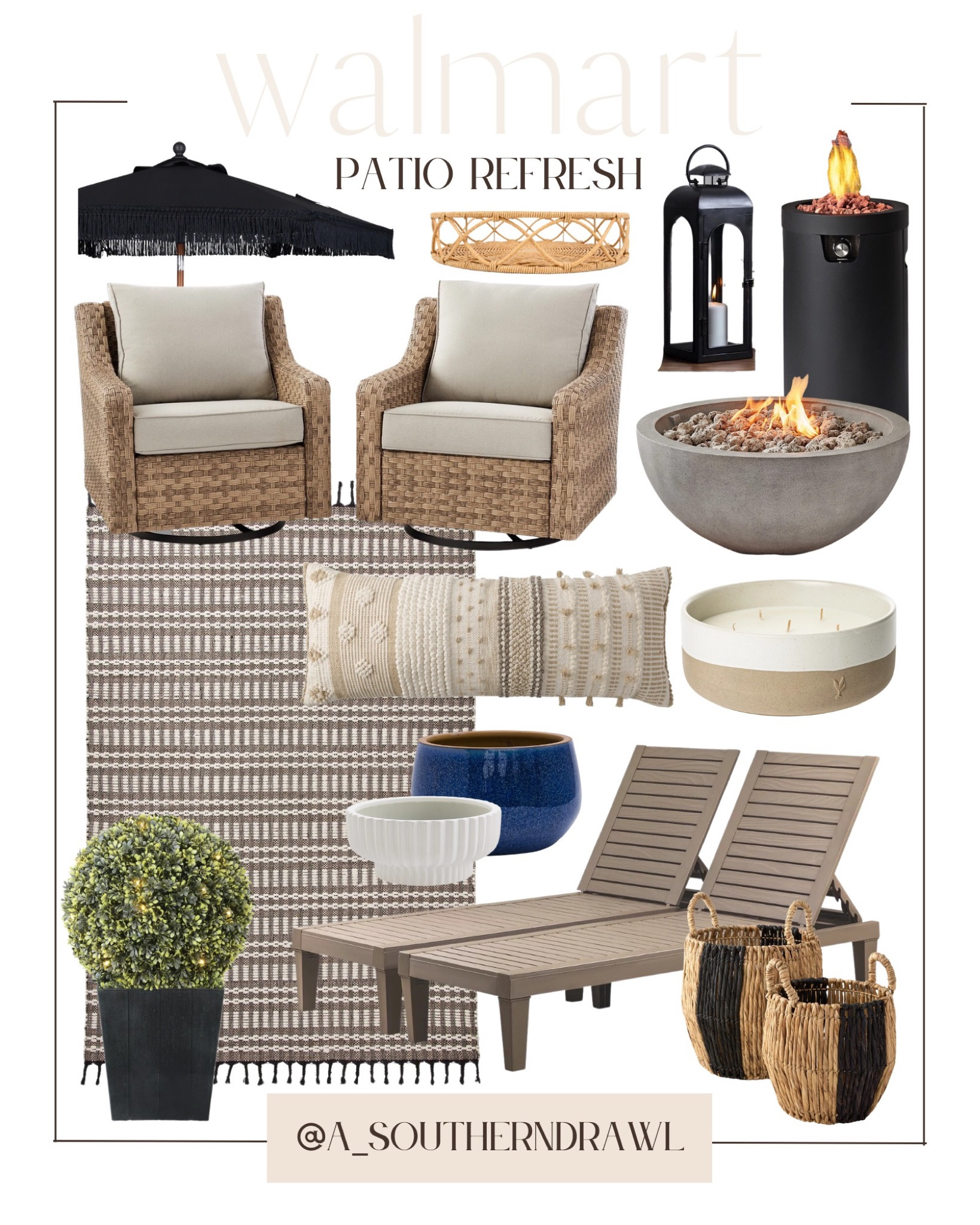 Walmart patio - patio furniture - tanning - planters - patio decor - outdoor candle - outdoor umbrella - patio plants - tanning chairs - swivel chairs - patio refresh 

#LTKSeasonal #LTKhome #LTKunder100