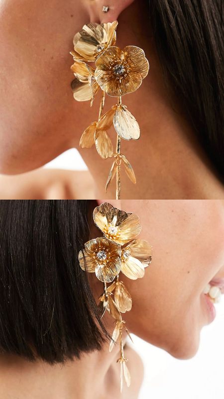 Drop earrings with 3D floral design in gold tone. Statement piece, affordable jewelry under £15. 
Wardrobe staple. Timeless. Gift guide idea for her. Luxury, elegant, clean aesthetic, chic look, feminine fashion, trendy look, races outfit, wedding, baby shower, special event, gala, festive. Asos. 

#LTKwedding #LTKfindsunder50 #LTKparties