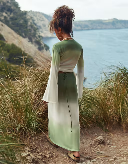 4th & Reckless x Amaka Hamelijnck rio ombre sheer knit wrap skirt in green - part of a set | ASOS (Global)