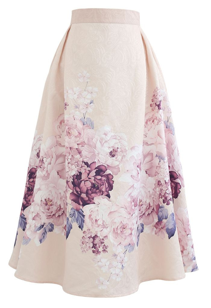 Lavender Peony Print Embossed Midi Skirt | Chicwish