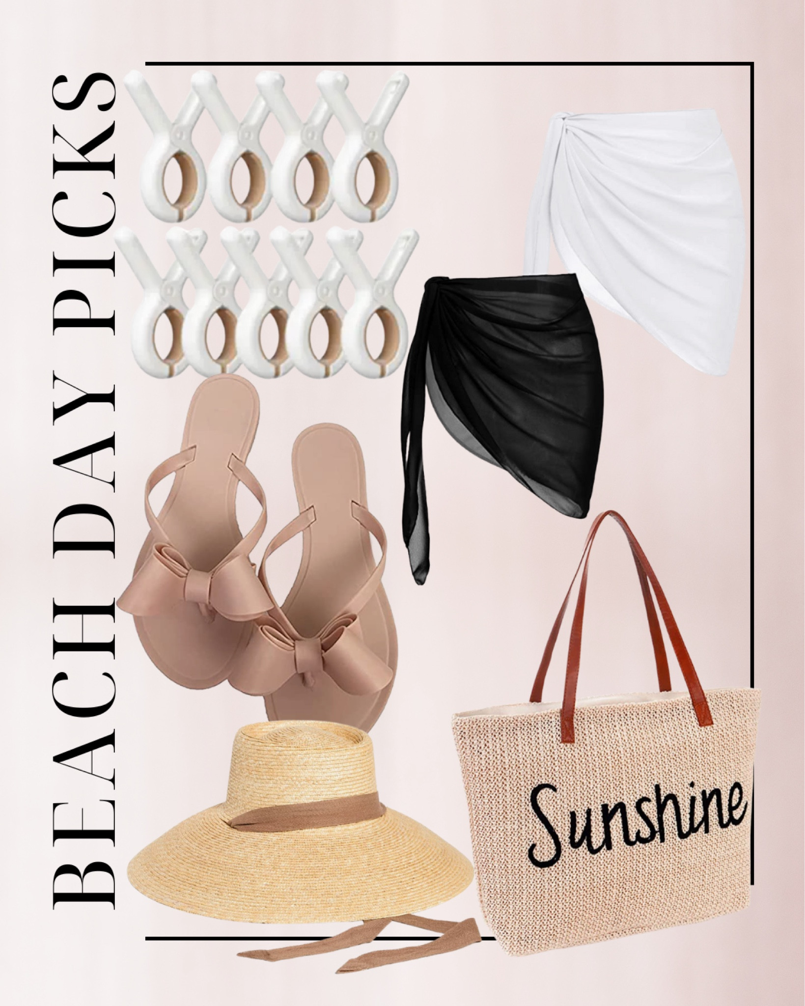 Beach day picks, hooks, cover up, sarong, flip flops, bow, grass bag, vacation, Sunhat 

#LTKunder100 #LTKunder50 #LTKSeasonal