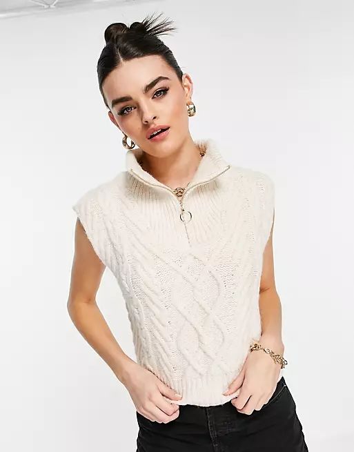 Mango zip top cable knit sweater vest in ecru | ASOS (Global)
