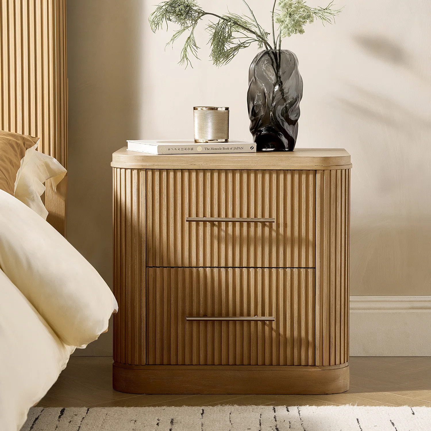 Graciana Modern 26''W 2-Drawer Fluted Nightstand with Built-in Power Strip and Minimal Assembly | Wayfair North America