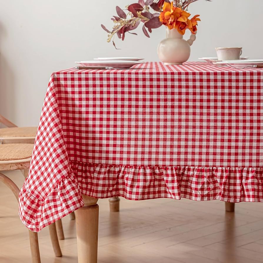 Checkered 100% Washed Cotton Tablecloth 60" \u00d7 102" Ruffled Gingham Table Cloth Washable Rect... | Amazon (US)