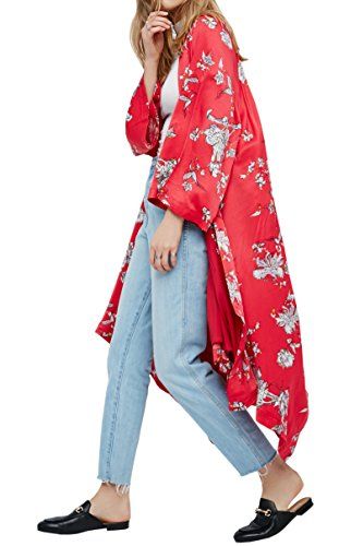 Hibluco Women's Sheer Chiffon Floral Kimono Cardigan Long Blouse Loose Tops Outwear (Small, K 20) | Amazon (US)