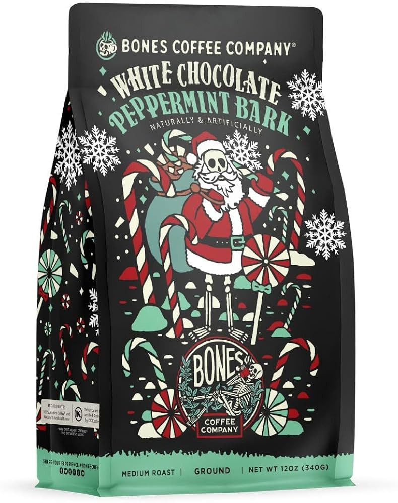 Bones Coffee Company White Chocolate Peppermint Bark Flavored Coffee, Medium Roast Low Acid Arabi... | Amazon (US)