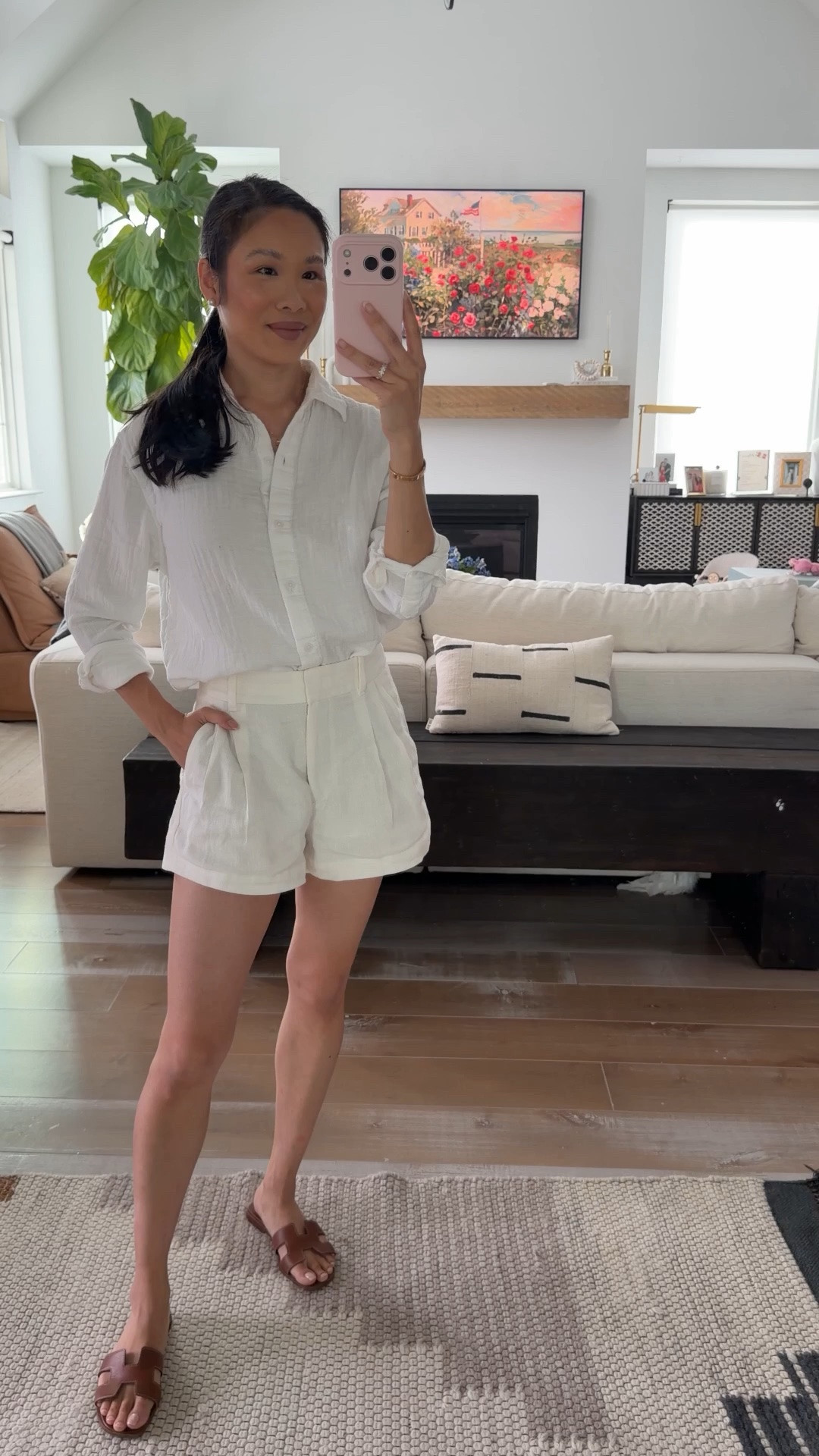 Monochromatic summer outfit on sale. Both pieces are from Aritzia’s clientele sale and staples you can wear season after season. I’ve had the cotton gauze top since 2024 and love the quality. Wearing size XXS in the top (fits very oversized) and 24 in the shorts.

#LTKPetite #LTKSaleAlert