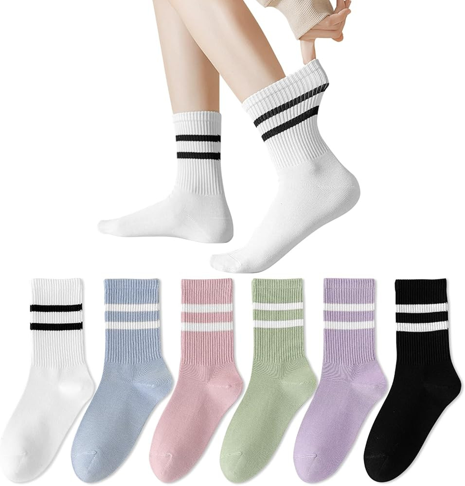 6 Pairs Casual Striped Crew Socks for Women Fashion Colorful Socks,Vintage Fun Athletic Aesthetic... | Amazon (US)