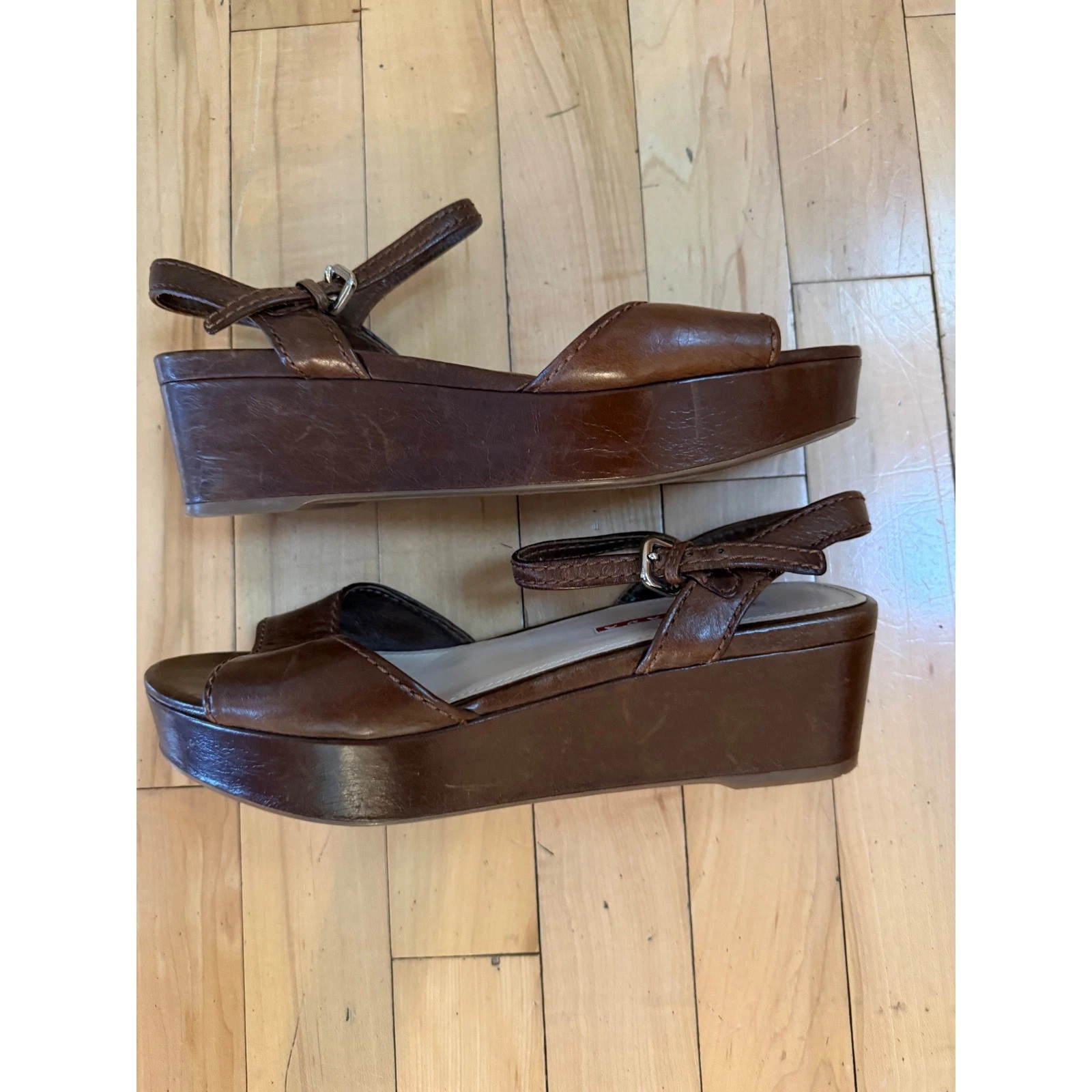 Vintage Prada Brown Leather Platform Wedge Sandals Ankle Strap Size 37.5 | eBay | eBay US