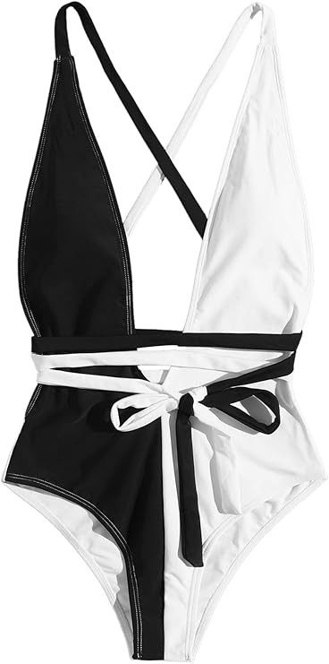 SweatyRocks Women's Sexy Basic Criss Cross Tie Knot Front Deep V Open Back One Piece Swimwear | Amazon (US)