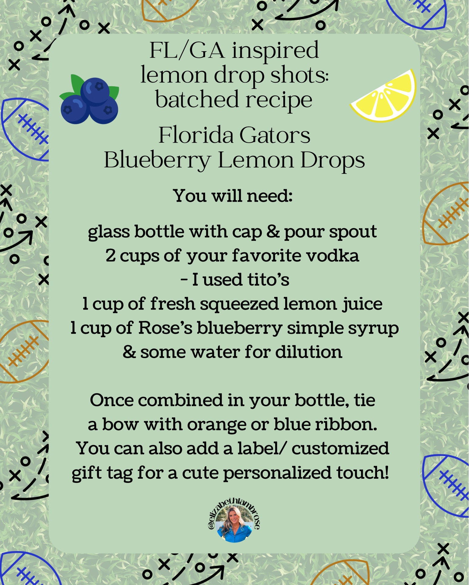 here’s my twist on the lemon drops for FL/GA!!!
florida gators blueberry lemon drops! 
the perfect blue color for the gators and so delicious! super easy to make too!!
play around with the recipe too, I think I will be doing a little less lemon juice so it’s not overpowering! I don’t want it to turn green either lol
added the tags I will be using too!! I made them on canva!
inspo from @cocktailsandcardio on TikTok!!

#LTKSeasonal #LTKU #LTKParties
