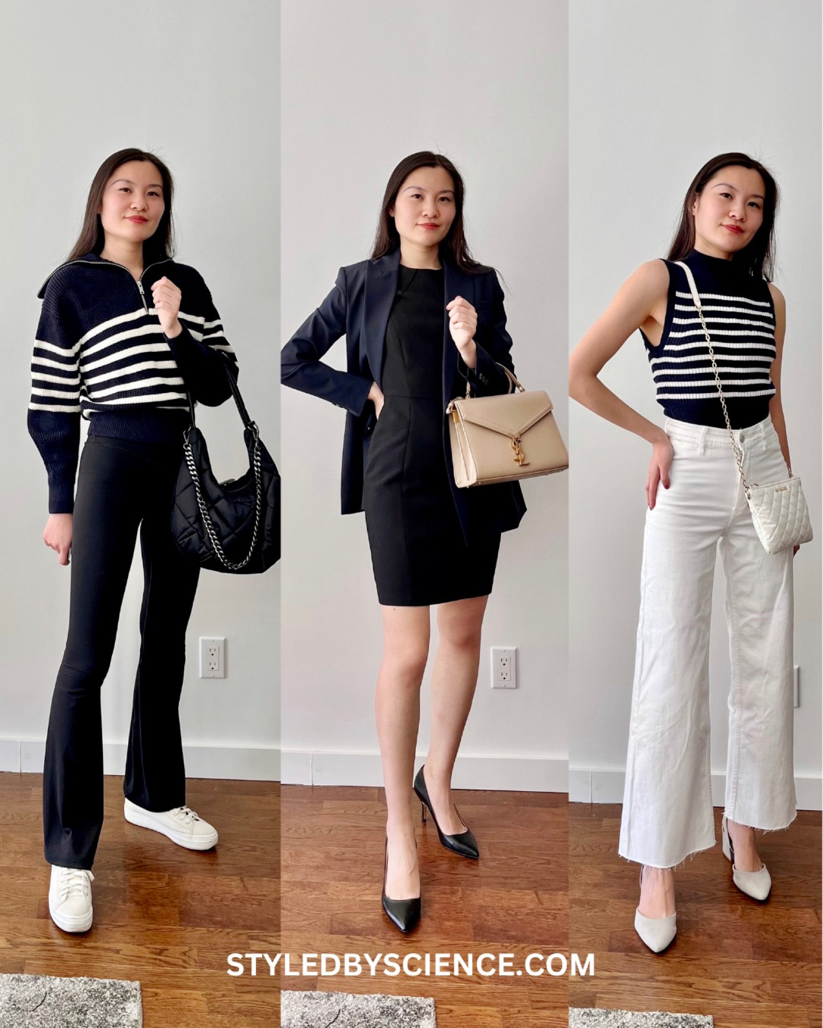 Navy & White Outfit Combinations for Work and Weekends: Cos Wool & Cotton Navy White Striped Half Zip Sweater (XS), black flared leggings (S), Navy Wool Blazer (2), Black sheath dress for work (0), black pointed heels (TTS), sleeveless mock neck top (S), white wide leg jeans (Mango - 2), grey suede block heels (TTS), YSL Cassandra Handbag (Medium), MZ Wallace quilted crossbody handbags 

#LTKworkwear #LTKstyletip #LTKsalealert
