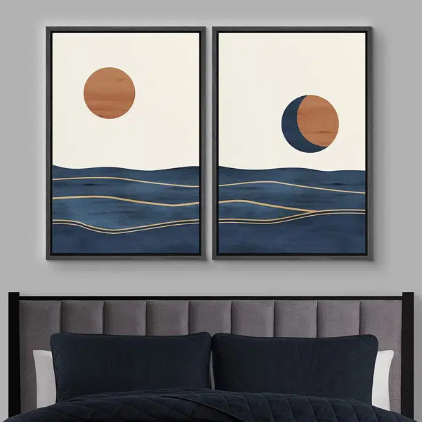 Abstract Sun Over Blue Watercolor Ocean Waves Modern Minimalist Landscape - 2 Piece Floater Frame... | Wayfair North America
