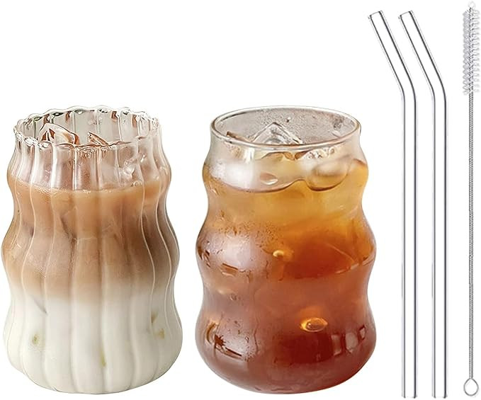 Maritown 2 Pcs Ribbed Glassware Drinking Glasses with Straws, 18oz Ripple Glass Cups, Wave Shape ... | Amazon (US)
