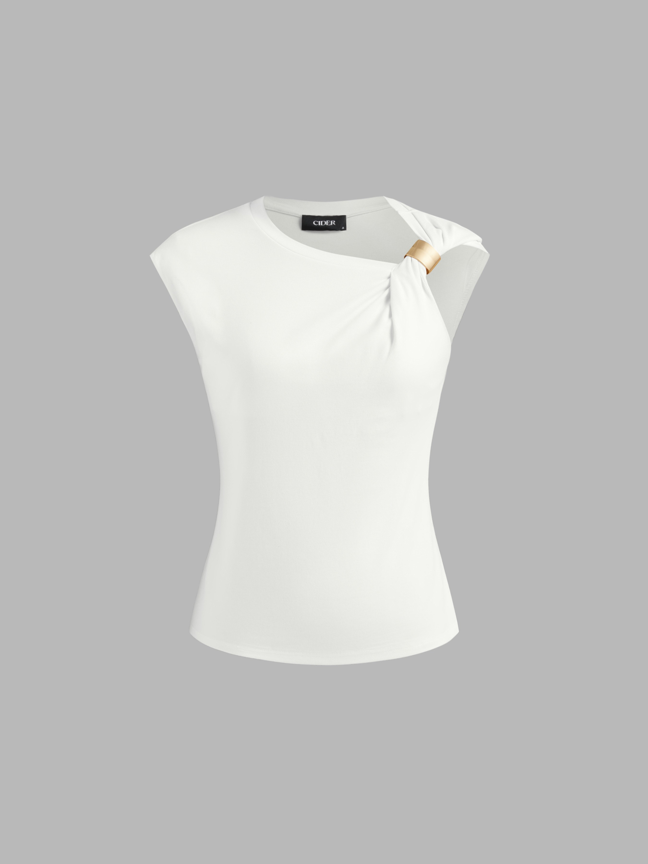Knit Fabric Asymmetrical Neck Buckle Twist Tee For Work | Cider