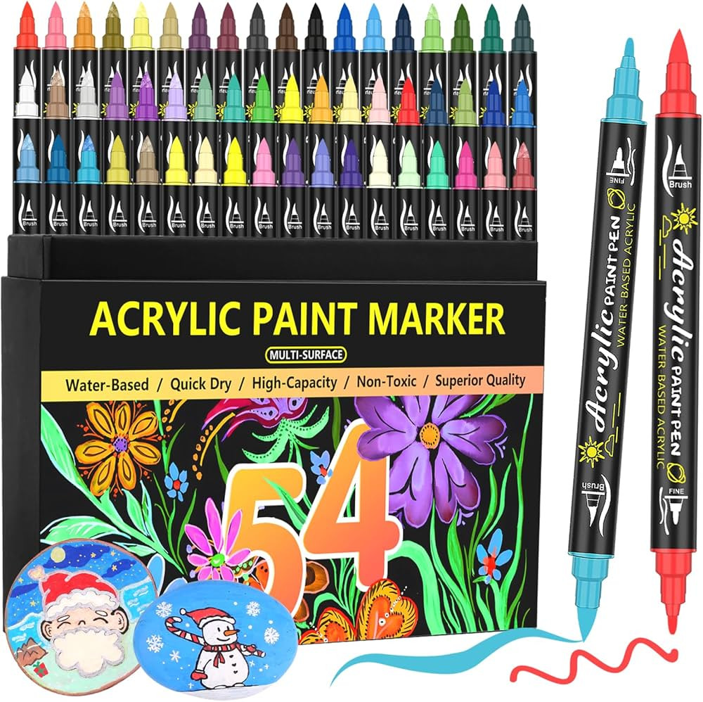 54-Color Acrylic Paint Pens - Dual Tip Paint Markers With Fine & Brush Tips, Premium for Stone, C... | Amazon (US)