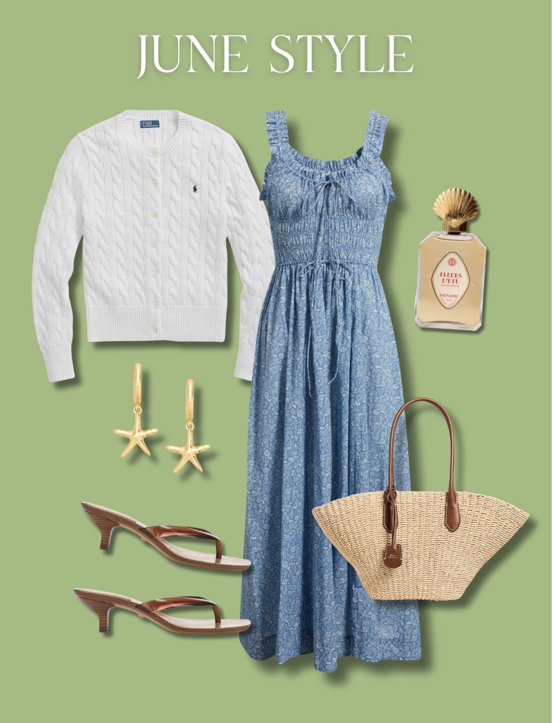 Outfit of the week! I love Doen, and this dress is perfect for summer. This Ralph Lauren cardigan has been a staple in my closet for the past few months. I love wearing a sweater over my shoulders when I have a dress on because I can always wear it if it gets chilly! Match with a rattan tote and fun earrings for a more beachy look. 🤍☀️

#LTKOver40 #LTKSeasonal #LTKootd