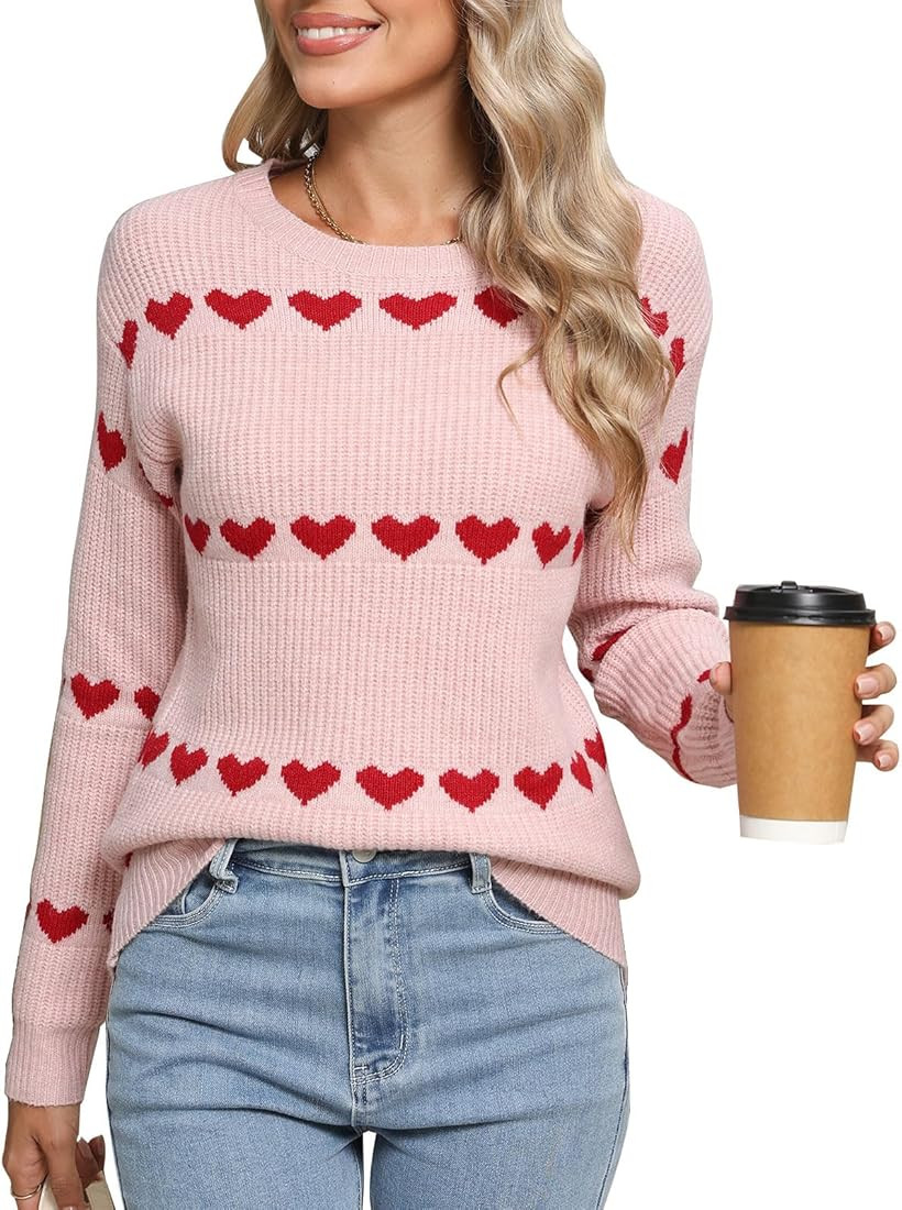 Women's Pullover Sweaters Long Sleeve Crew Neck Cute Multi-Hearts Knitted Casual Sweater | Amazon (US)