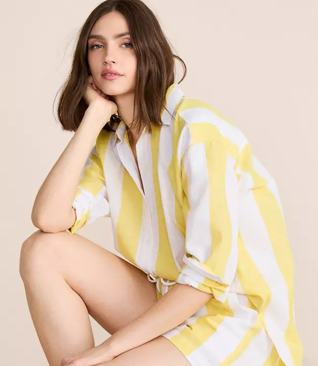 Petite Lou & Grey Striped Linen Cotton Back Slit Tunic Shirt | LOFT