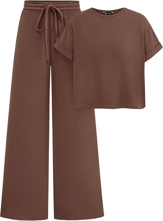 PRETTYGARDEN Women's Summer 2 Piece Knit Loungewear Short Sleeve T Shirts Wide Leg Pants Tracksui... | Amazon (US)