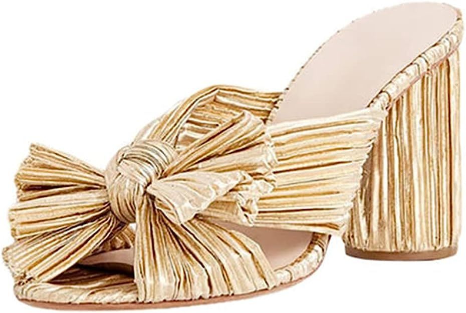 Uacllcau Women's Bow Heeled Sandals Open Toe Chunky Heels Slide Sandal Bridal Wedding Ladies Dres... | Amazon (US)