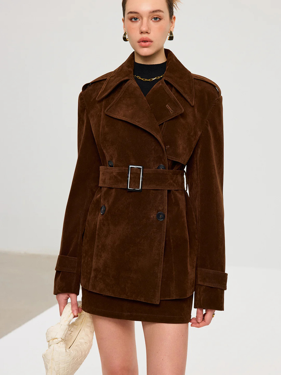 Belted Suede Effect Trench Coat | Commense