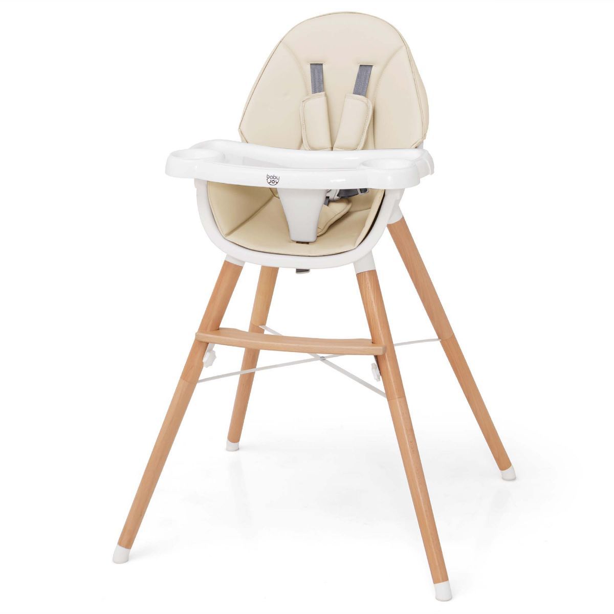 Babyjoy Baby High Chair Wooden Feeding Chair with 4-Gear Tray & Removable Cushion Beige/Grey | Target
