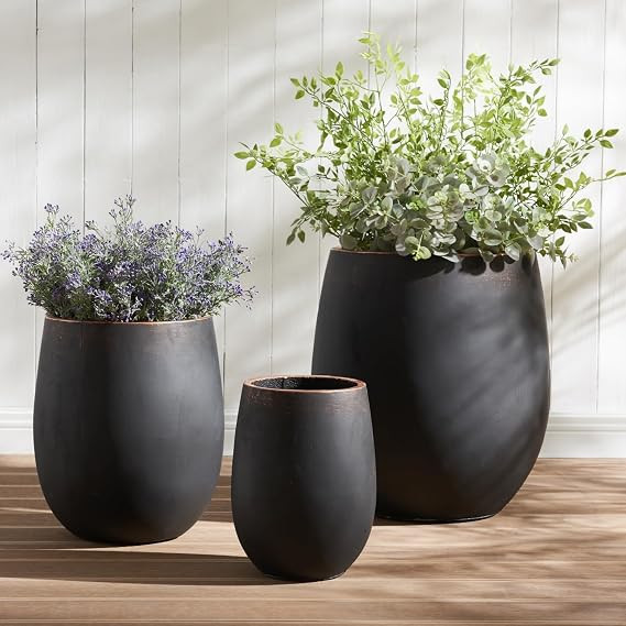 17.7"+13.3"+9.5" Dia Round Concrete Planter Set of 3, Large Outdoor Planter, Black with Gold Rim,... | Amazon (US)