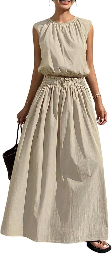 Milumia Women's 2 Piece Outfit Boho Crop Tank Top Maxi Skirt Sets | Amazon (US)