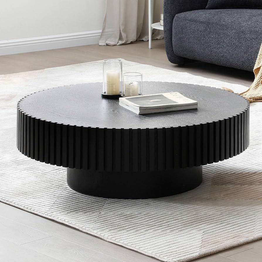 39.37'' Round Coffee Table Wood End Table for Living Room, Modern Contemporary Circle Fluted Drum... | Amazon (US)
