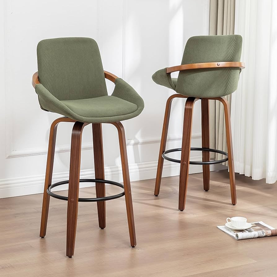 LUNLING 29.5" Bar Height Barstools Set of 2,Mid Century Modern Retro Bar Chairs Green Corduroy Fa... | Amazon (US)