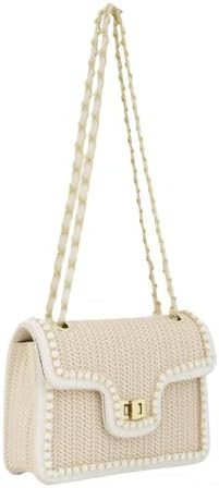 Woven Straw Crossbody Bag for Women with Pearl Flap Trim, Summer Shoulder Purse, Small Beach Clut... | Amazon (US)