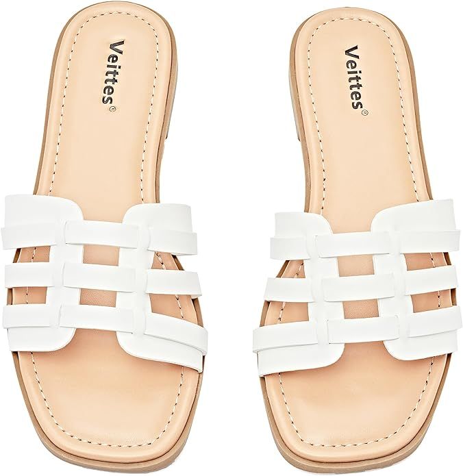 Veittes Women's Wide Width Flat Slide Sandals - Casual Classic Simple Strappy Slip on Flat Summer... | Amazon (US)
